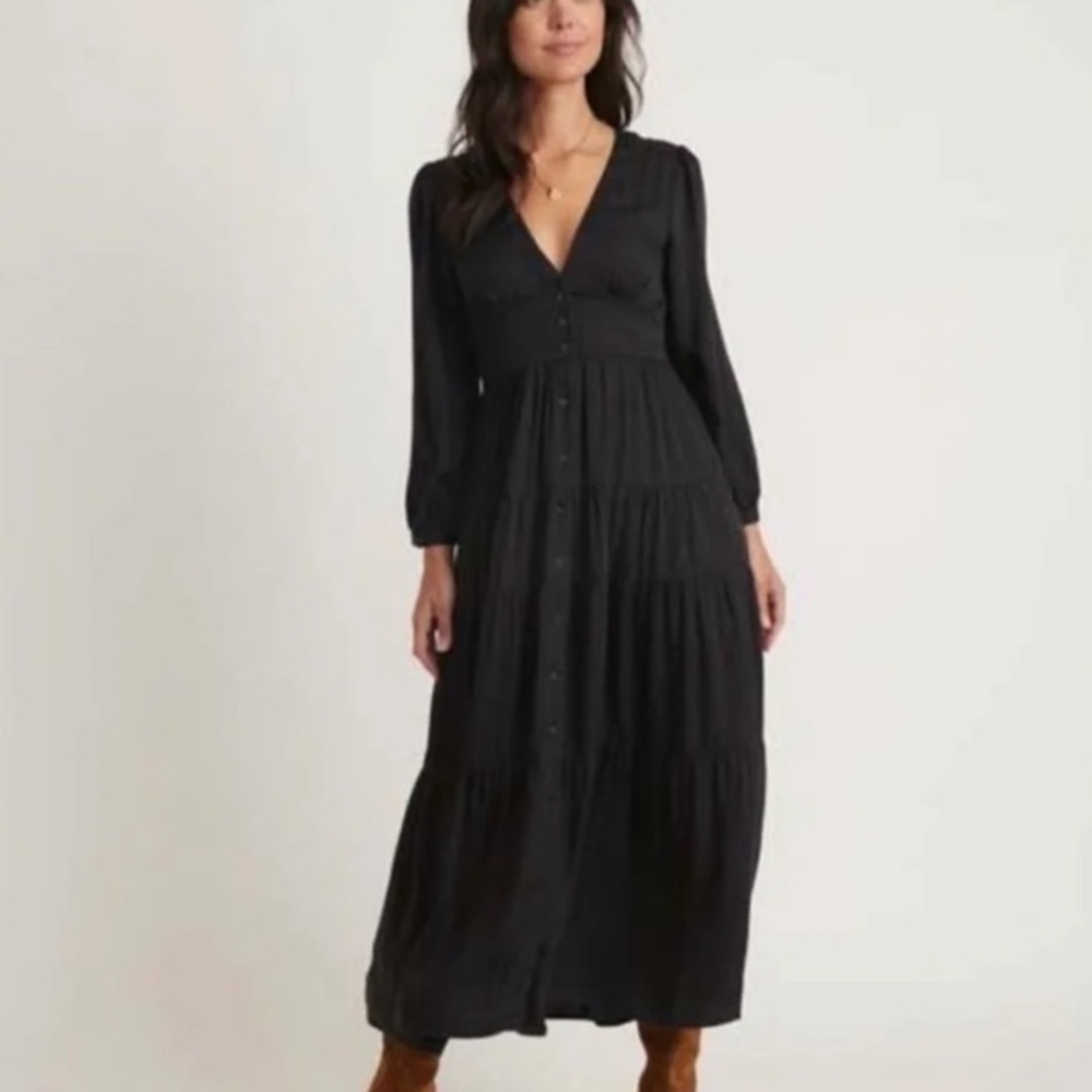Marine Layer Maeve Long Sleeve Tiered Maxi Dress Black